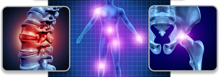 Chiropractic Decatur GA Services A 3-D scan of a body with close-up scans of the spine and hip, which are both highlighted in pain